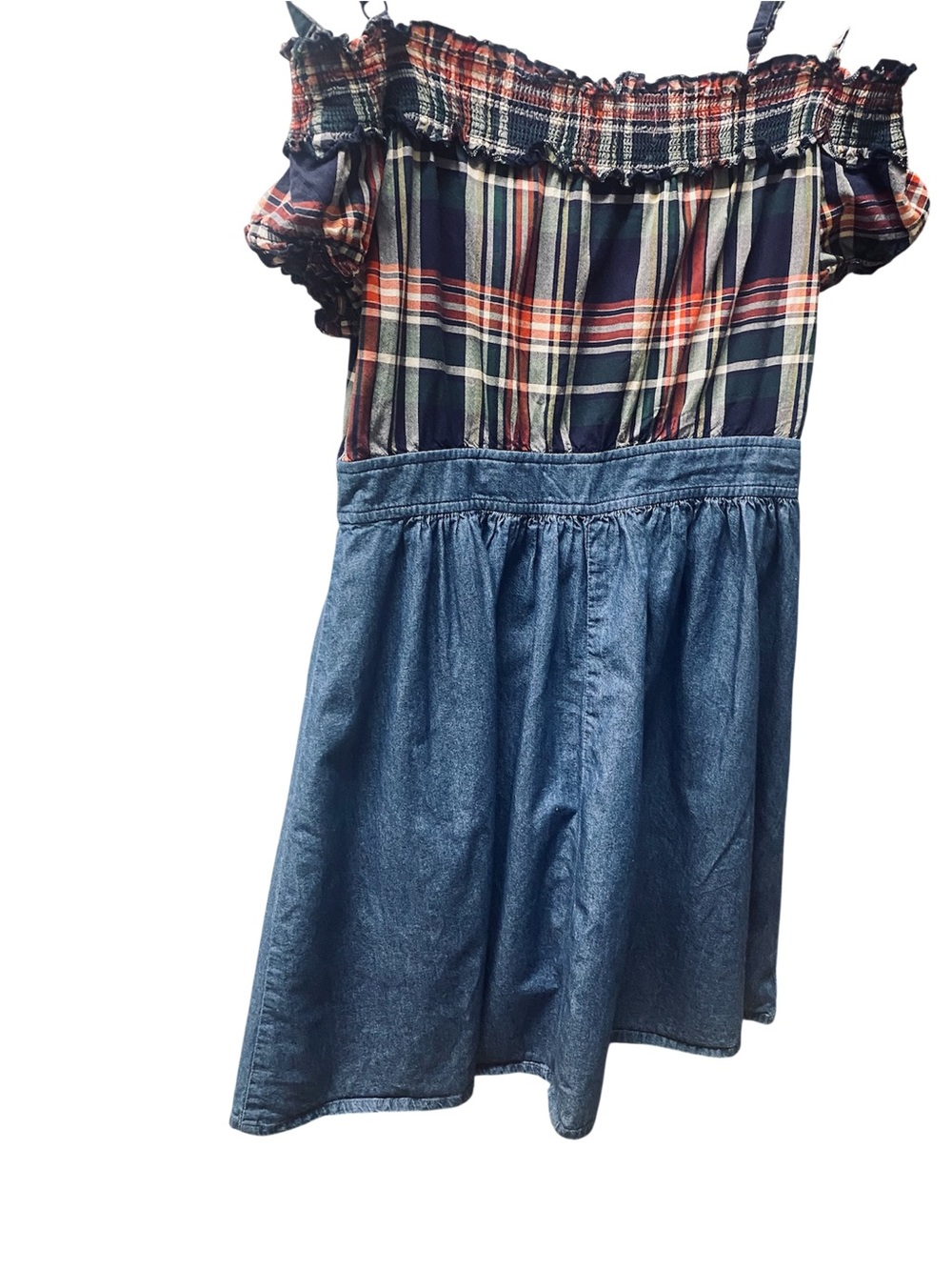 Off-Shoulder Plaid Top with Denim Skirt Dress - Navy, Red, Green L